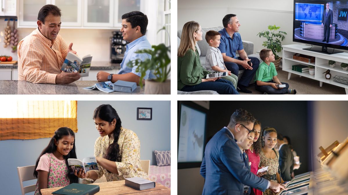 Afoto: 1. Mbeni ita-koli ayeke sara lisoro na molenge ti lo na ndö ti mbeni tënë na yâ ti buku “Bungbi so a leke ni ti sara ye so Jéhovah aye.” 2. Mbeni sewa angbâ ti bâ Télé JW. 3. Mbeni sewa ni nde angbâ ti sara vizite ti mbeni musé na Béthel. 4. Mbeni mama asara kua na “Annuaire des Témoins de Jéhovah” nga na buku “Les Témoins de Jéhovah, prédicateurs du Royaume de Dieu” ti manda ye na molenge ti lo.