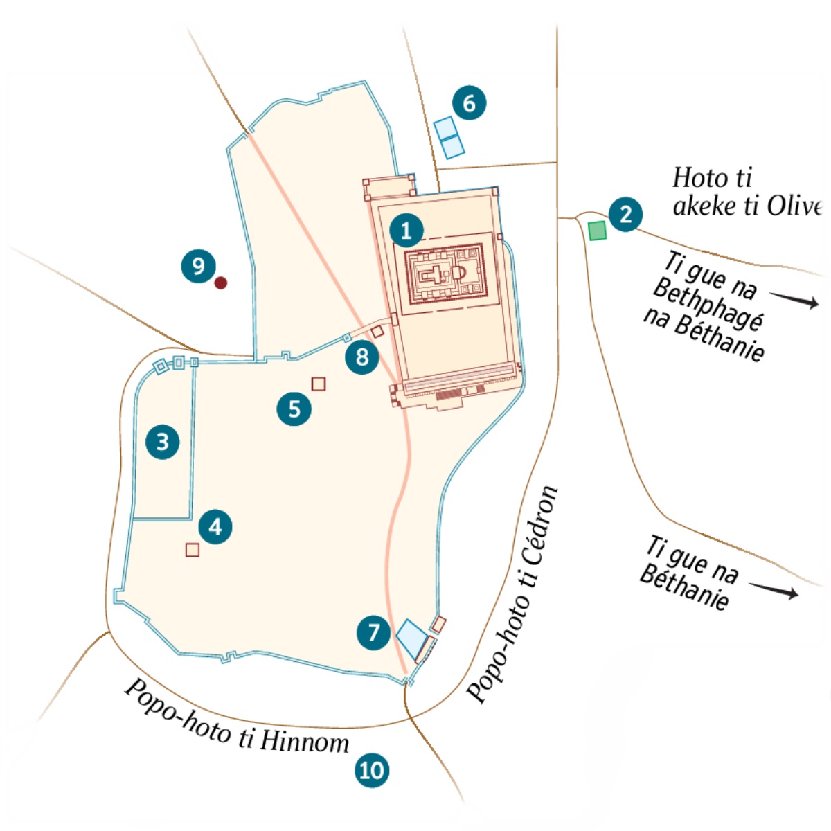 Jérusalem na ando so angoro ni. Ando so a hinga ni nga peut-être place ni la. 1. Temple. 2. Yaka ti Gethsémané. 3. Yangbo ti gouverneur. 4. Da ti Caïphe. 5. Yangbo so Hérode Antipas asara kua dä. 6. Place ti ngu ti Bethzatha. 7. Place ti ngu ti Siloam. 8. Da ti Sanhédrin. 9. Golgotha. 10. Akeldama.