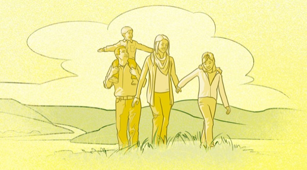 Eine glückliche Familie verbringt Zeit in der Natur