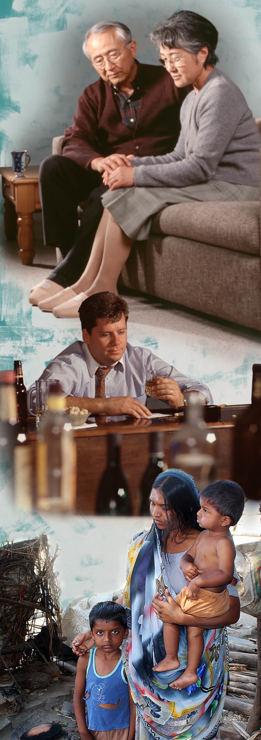 Ein Ehepaar mit Problemen; ein Mann während er alleine Alkohol trinkt; eine Familie in extremer Armut