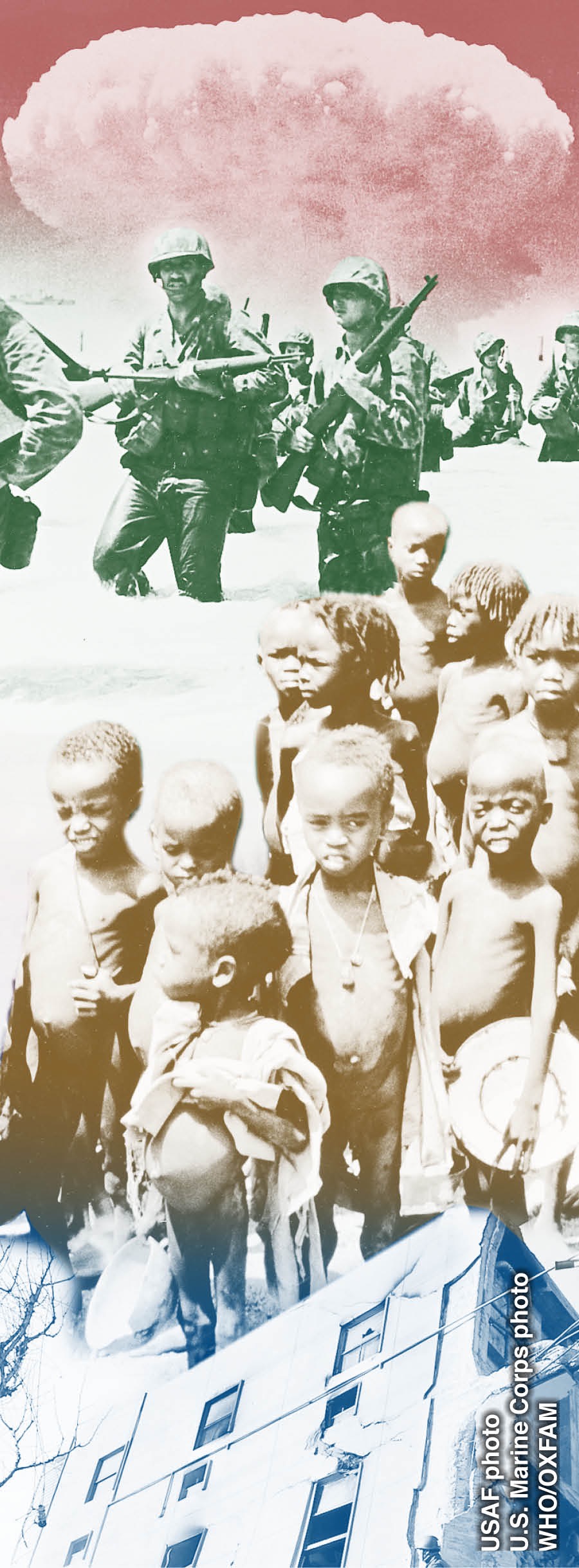 Kriegsszene; hungernde Kinder; ein heruntergekommenes Haus