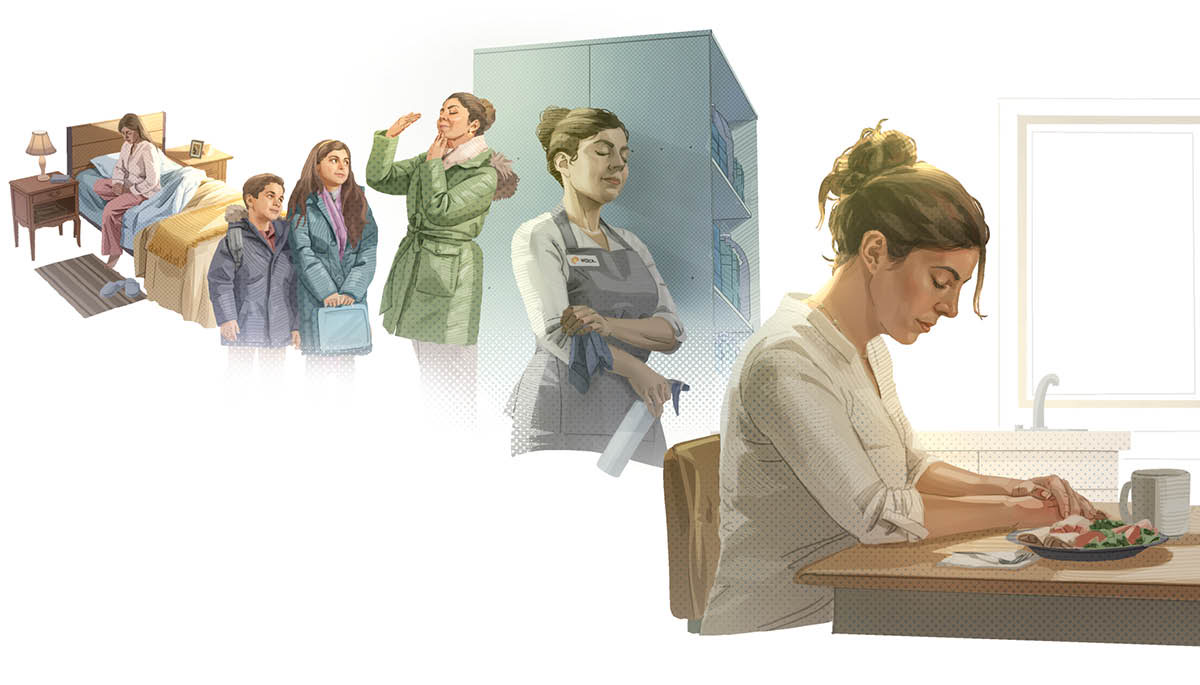 Collage: Eine Frau betet mehrmals am Tag. 1. Am Morgen. 2. Zusammen mit ihren Kindern. 3. Auf der Arbeit. 4. Vor dem Essen.