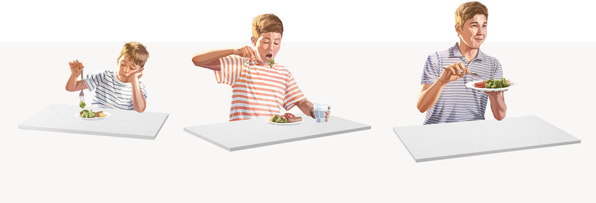 Bildfolge: Im Lauf der Jahre gewöhnt sich ein Junge an ein bestimmtes Essen. 1. Der Junge spielt mit dem Essen. 2. Später isst der Junge das Essen. 3. Als er älter ist, schmeckt ihm das Essen.