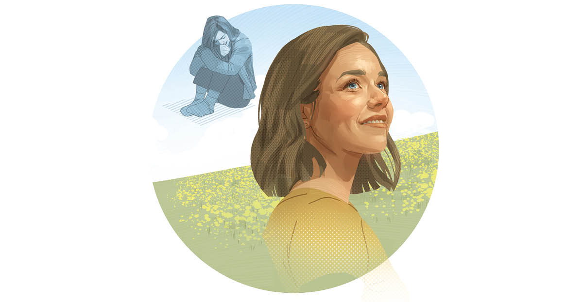 Eine Frau, die traurig auf dem Boden kauerte, steht jetzt aufrecht und strahlt vor Freude.