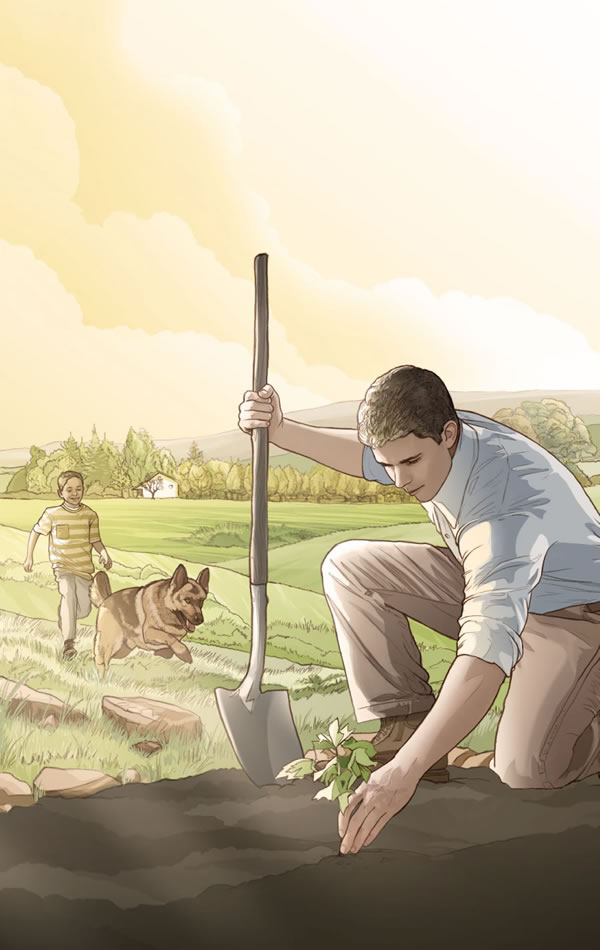 In dem von Gott versprochenen Paradies pflanzt ein Mann einen Baum und sein Sohn spielt mit einem Hund
