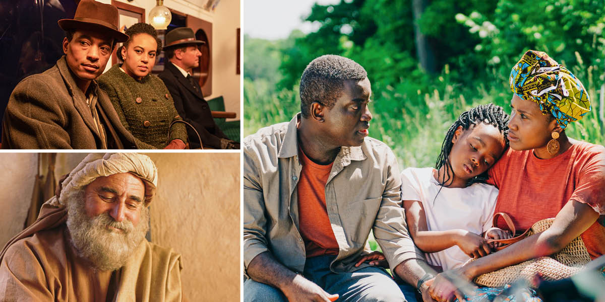 Collage : Temps forts du programme de dimanche. 1. Un couple assis dans un train. 2. Un prophète. 3. Un père parle avec sa femme et sa jeune fille sur le bord de la route.