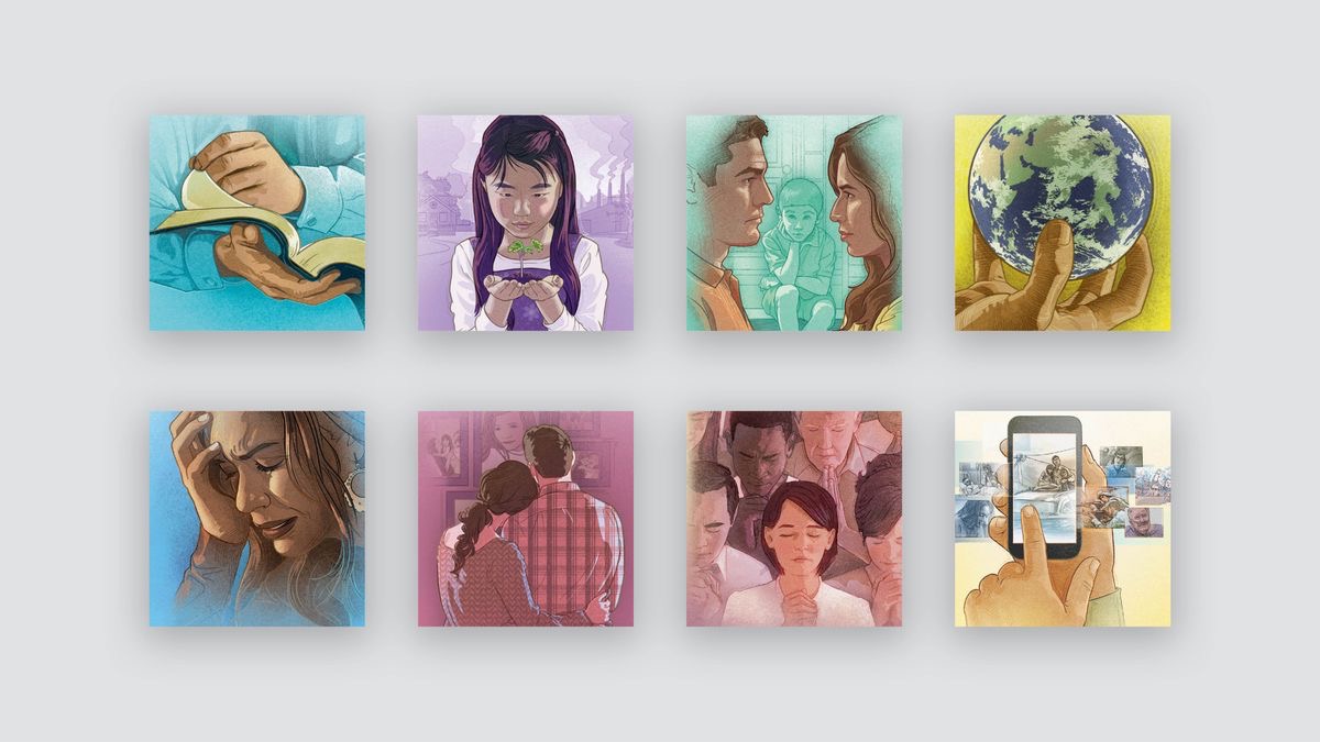 Ensemble d’illustrations : Différents tracts. 1. « Qu’est-ce que la Bible ? » 2. « Comment voyez-vous l’avenir ? » 3. « Quelle est la clé du bonheur familial ? » 4. « Qui domine le monde ? » 5. « Les souffrances cesseront-elles un jour ? » 6. « Les morts revivront-ils un jour ? » 7. « Qu’est-ce que le royaume de Dieu ? » 8. « Où trouver les réponses aux grandes questions de la vie ? »