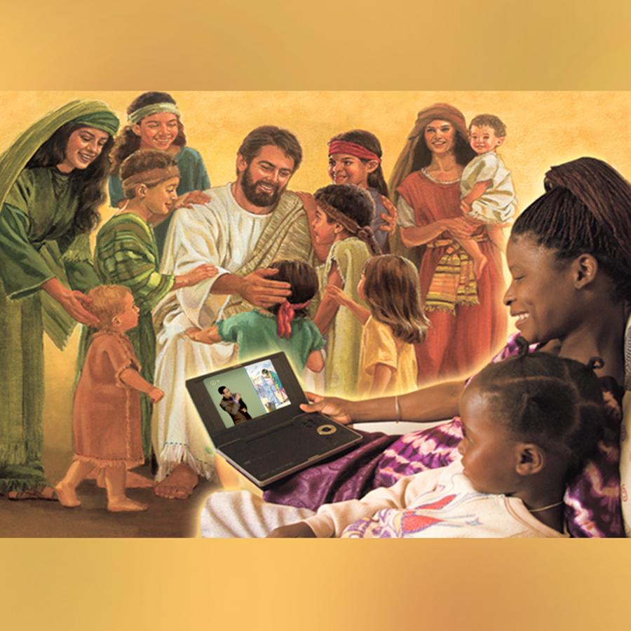 1. Jésus passe du temps avec des enfants ; 2. Un père examine avec son fils le livre Écoute le grand Enseignant