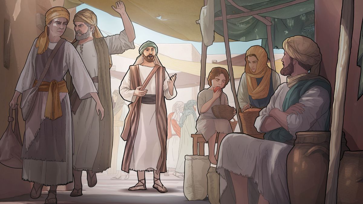 Sur une place de marché, Isaïe transmet le message de Jéhovah à un groupe d’Israélites. Certains l’ignorent, d’autres s’en vont en colère.