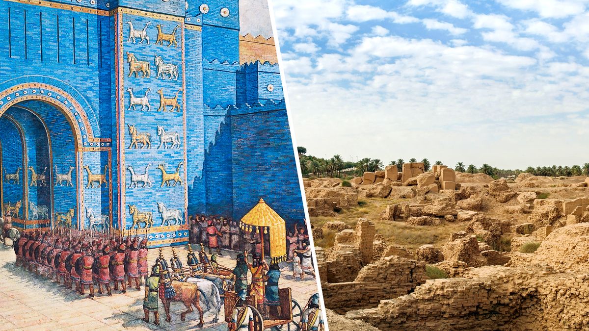 Ensemble d’illustrations : 1. Les monumentales murailles et la porte d’entrée principale de l’antique ville de Babylone. 2. Le site de la Babylone antique, qui n’est aujourd’hui qu’un paysage de ruines inhabitées.