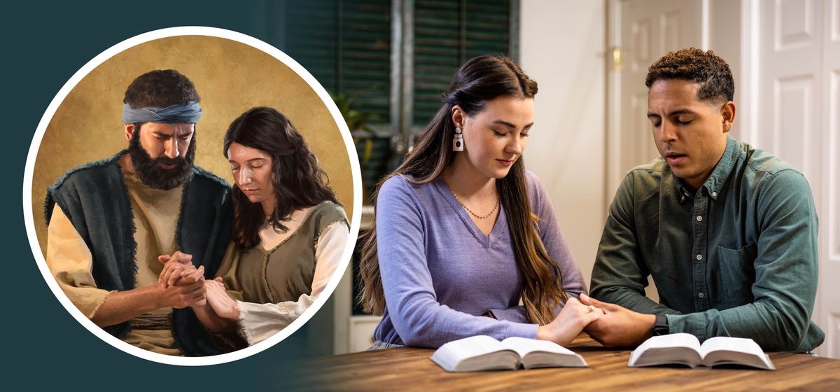 Un mari et sa femme se tiennent la main tandis qu’ils prient ensemble. Dans un médaillon, on voit Joseph et Marie se tenir la main tandis qu’ils prient ensemble.