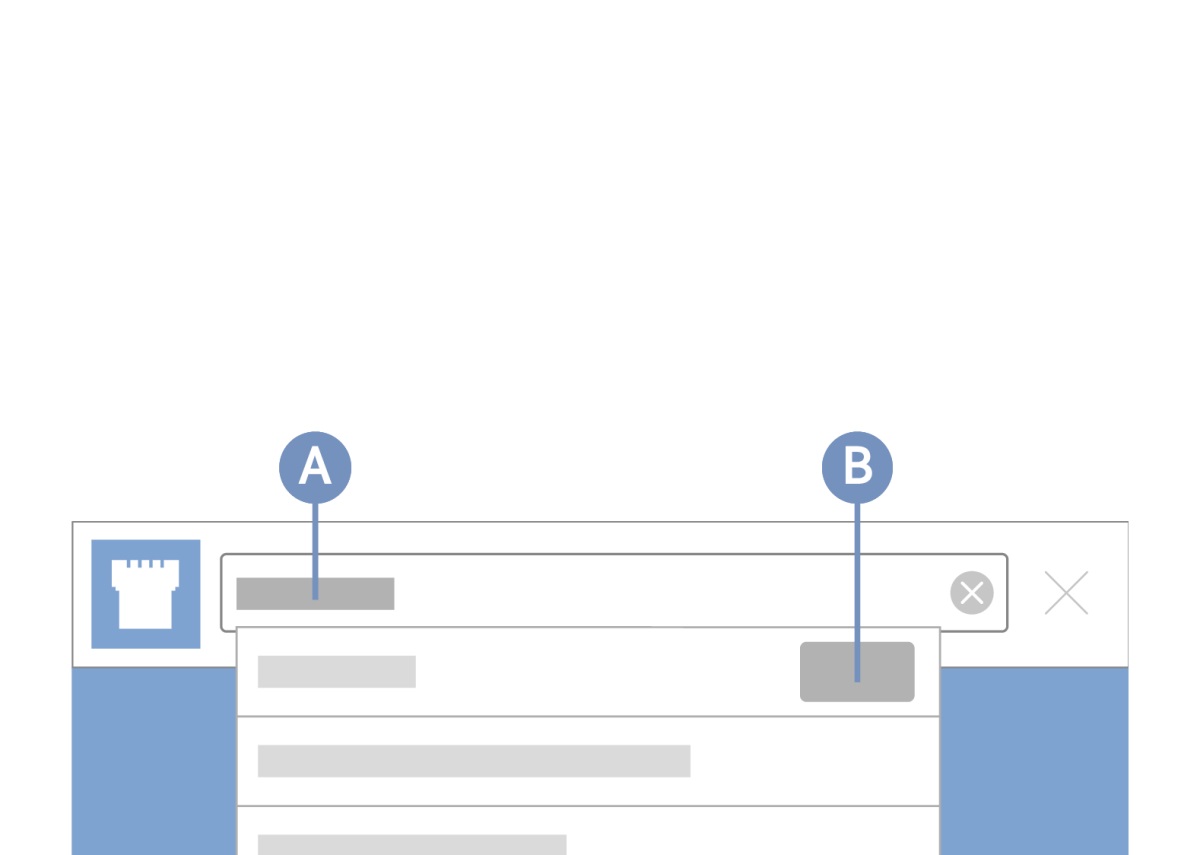 The search feature on “Watchtower ONLINE LIBRARY.” Label A indicates a word typed into the search box. Label B indicates the word “Topic” that appears next to the search suggestion.