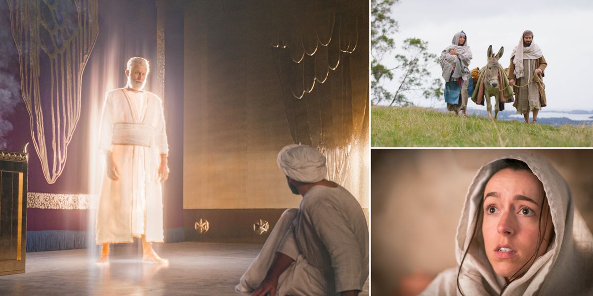 පින්තූරවල අදහස: සිකුරාදා වැඩසටහනේ විශේෂ අංග. 1. ශුද්ධස්ථානයේදී දේවදූතයෙක් සෙකරියාට කතා කරද්දී එයා හොඳටම බය වෙනවා. 2. යුදෙව් තරුණියක් වන මරියා පුදුමයෙන් බලාගෙන ඉන්නවා. 3. බූරුවෙක් එක්ක යන යෝසෙප් සහ මරියා. මරියා පුංචි යේසුස්ව වඩාගෙන යනවා.