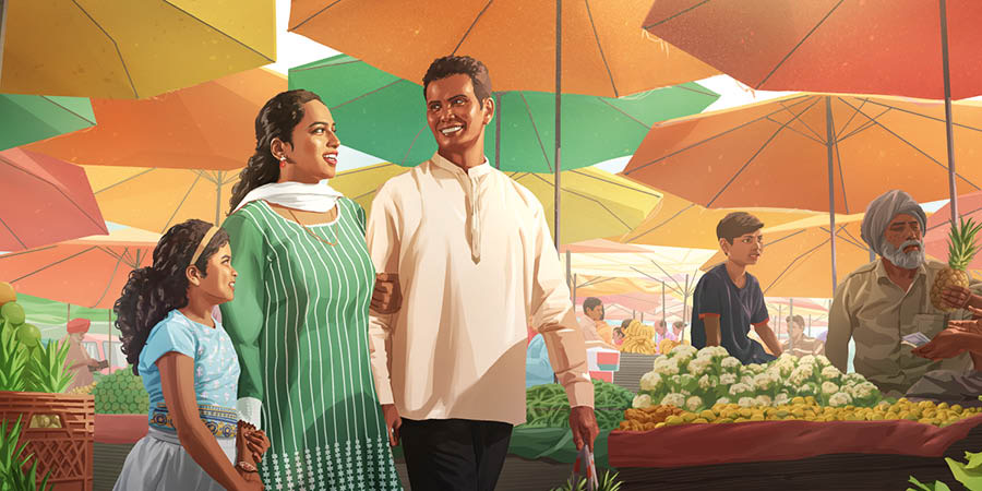 සතුටින් ඉන්න පවුලක් බඩු ගන්න වෙළෙඳපොළට ඇවිත්.