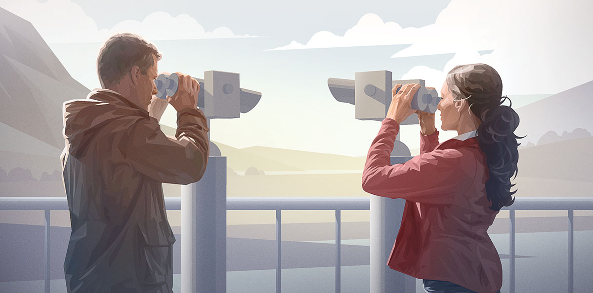 සැමියායි, බිරිඳයි එකම දර්ශනයක් දිහා දෙපැත්තකින් බලමින්