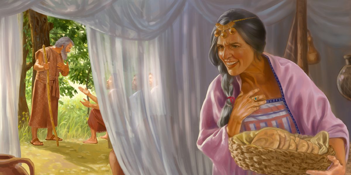 දේවදූතයන් ආබ්‍රහම්ට කතා කරද්දී සාරා අහන් ඉන්නවා