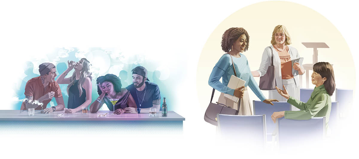 1. දුකෙන් ඉන්න තරුණියක් එයාගේ පෙම්වතා ළඟින් ඉඳගෙන ඉන්නවා. සමාජ ශාලාවක ඉන්න එයා යාළුවෝ එක්ක සිගරට්, මත්පැන් බොනවා. 2. ඒ කාන්තාවම හරිම සතුටින් නමස්කාර මධ්‍යස්ථානයේ ඉන්න සහෝදරියන් එක්ක කතාබහ කරනවා.