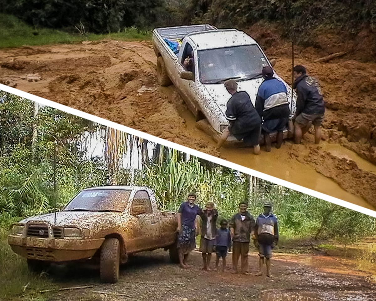 පින්තූර: 1. ප්‍රචාරකයන් තුන්දෙනෙක් මඩේ එරිලා තියෙන සහෝදර රෙනෝල්ඩ්ගේ වාහනේ ගොඩට ගන්න හදනවා. 2. ලියෑන් ඒ ප්‍රචාරකයන් එක්ක මඩ ඇඳුම් පිටින් ඒ වාහනේ ළඟ ඉන්නවා.