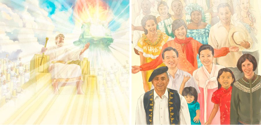 යේසුස් ස්වර්ගික සිංහාසනයේ ඉඳගෙන ඉන්න අතර විවිධ ජාතීන්ට අයිති අය සතුටින් ඉන්නවා