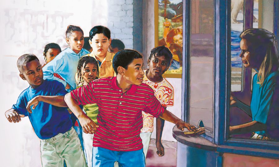 ළමයෙක් අනිත් අයව තල්ලු කරගෙන පෝළිමේ පළවෙනියා වෙන්න හදනවා