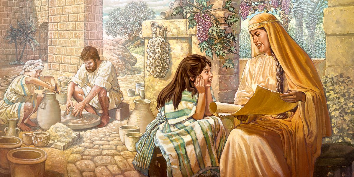 අම්මා දුවත් එක්ක අකුළන ලියවිල්ලක් කියවද්දී තාත්තා පුතා එක්ක මැටි භාජනයක් හදනවා