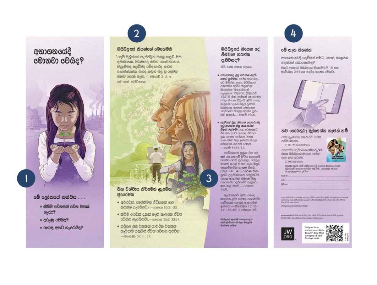 ‘අනාගතයේදී මොනවා වෙයිද?’ කියන පත්‍රිකාවේ විවිධ අංග එකේ සිට හතර දක්වා අංක යොදාගෙන පෙන්වලා තියෙන ආකාරය.