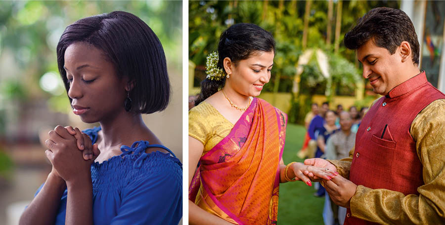 පින්තූරවල අදහස: පොරොන්දු දෙමින් ඉන්න අය. 1. යෞවනියක් යාච්ඤා කරනවා. 2. යුවළක් එයාලගේ විවාහ උත්සවයේදී මුදු මාරු කරගන්නවා.