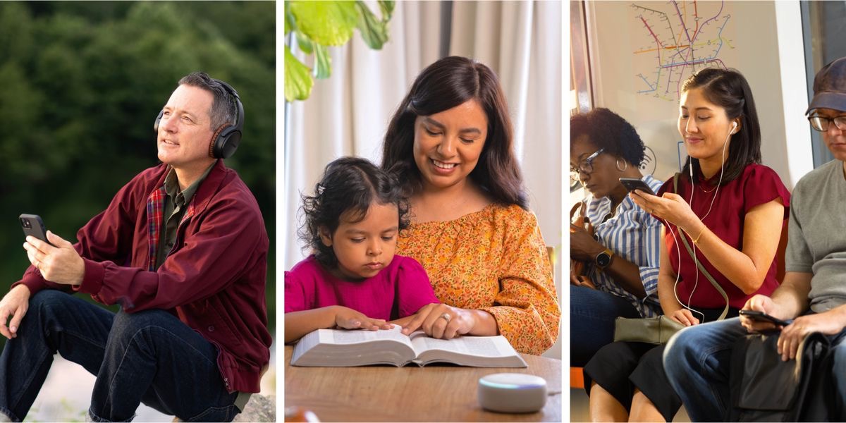 පින්තූරවල අදහස: බයිබල් කියවීමට ඇහුම්කන් දෙනවා. 1. සහෝදරයෙක් එළිමහනට ගිහින් හෙඩ්ෆෝන් එකක් දාගෙන ඕඩියෝ බයිබලයට ඇහුම්කන් දෙනවා. 2. අම්මා කෙනෙක් එයාගේ සිඟිති දූ එක්ක වොයිස් කමාන්ඩ් තියෙන ඩිවයිස් එකකින් ඕඩියෝ බයිබලේට ඇහුම්කන් දෙන අතරේ බයිබයෙනුත් ඒ කොටස බයිබලෙන් කියවගෙනත් යනවා. 3. සහෝදරියක් කෝච්චියක යන ගමන් ඉයෆෝන් දාගෙන ඕඩියෝ බයිබලේට ඇහුම්කන් දෙනවා.