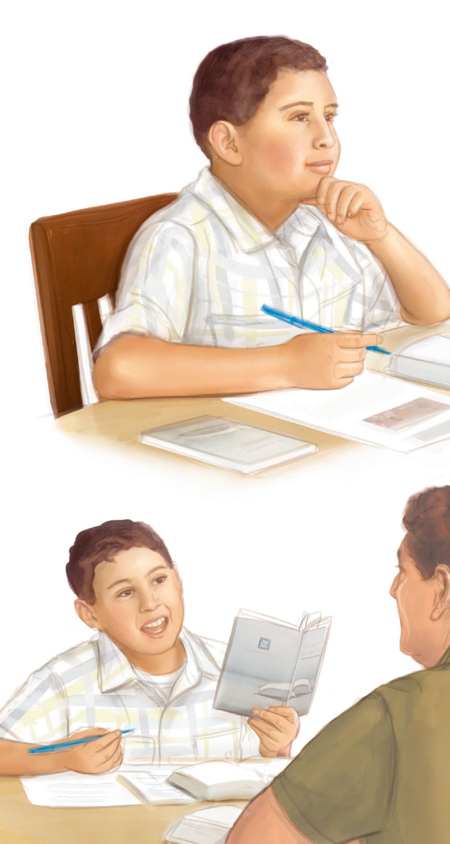 තාත්තා කෙනෙක් බයිබලයේ ඉගැන්වීම් පොත සහ jw.org වෙබ් අඩවියෙන් ගත්ත අධ්‍යයනය කිරීමට අමතර තොරතුරු කියන කොටස් යොදාගෙන පුතා එක්ක පාඩමක් කරනවා