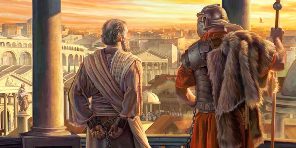 පාවුල්ට දම්වැල් දමා එය රෝම සොල්දාදුවාට සම්බන්ධ කර තිබෙන අයුරු