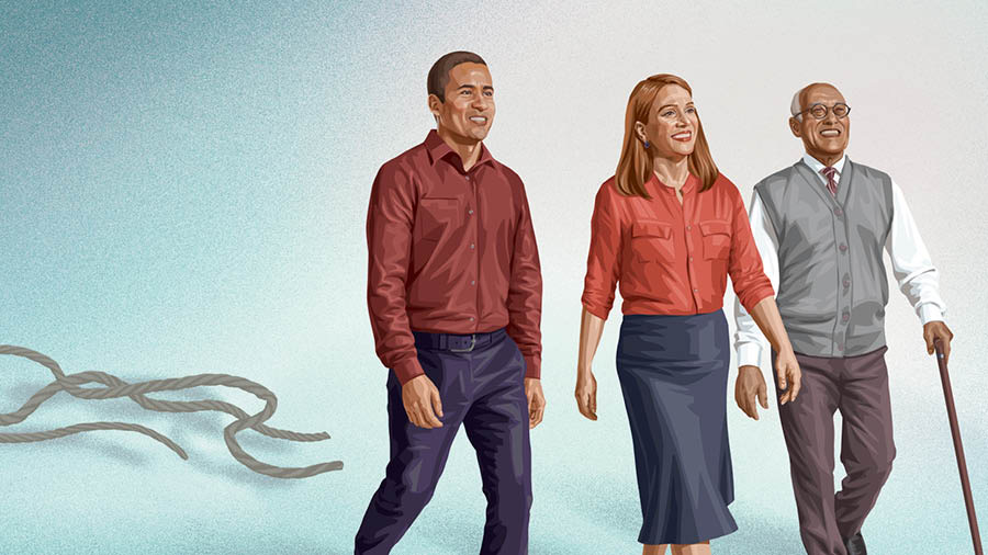 මහලු සහෝදරයා, සහෝදරිය සහ තරුණ සහෝදරයා ලණු අත්හැරලා සතුටින් ඉස්සරහට ඇවිදිනවා.