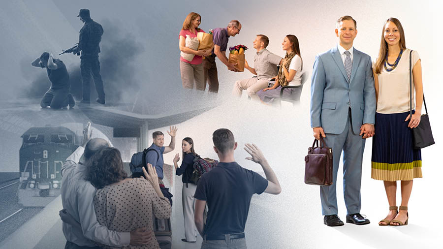 ඩැනීලෝ සහ එයාගේ බිරිඳ විදිහට පෙනී හිටිය යුවළ හිනා වෙමින්. පින්තූරවල අදහස: 1. හමුදා සෙබළෙක් එයාට තුවක්කුව දික් කරන් ඉද්දී එයා දණගහලා අත් දෙක ඔළුව පිටිපස්සෙන් තියන් ඉන්නවා. 2. එයායි එයාගේ බිරිඳයි දුම්රියපොළට ආපු සහෝදරයන්ගෙන් සමුගන්නවා. 3. සහෝදරයෙක් සහ සහෝදරියක් එයාලට ඕන කරන කෑමයි අනිත් දේවලුයි ගෙනත් දෙනවා.