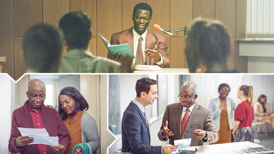 පින්තූරවල අදහස: 1. තරුණ චාරිකා සේවකයෙක් පුරෝගාමි පාසැලක උගන්වනවා. 2. දැන් වයසට ගිහින් ඉන්න ඒ චාරිකා සේවකයා සහ එයාගේ බිරිඳ පැවරුමේ වෙනසක් ගැන ලැබුණ ලියුමක් කියවනවා. 3. කලින් චාරිකා සේවය කරපු සහෝදරයා තරුණ සහෝදරයෙක්ව පුහුණු කරනවා එයාගේ බිරිඳ තරුණ සහෝදරියක්ව දිරිගන්වනවා.