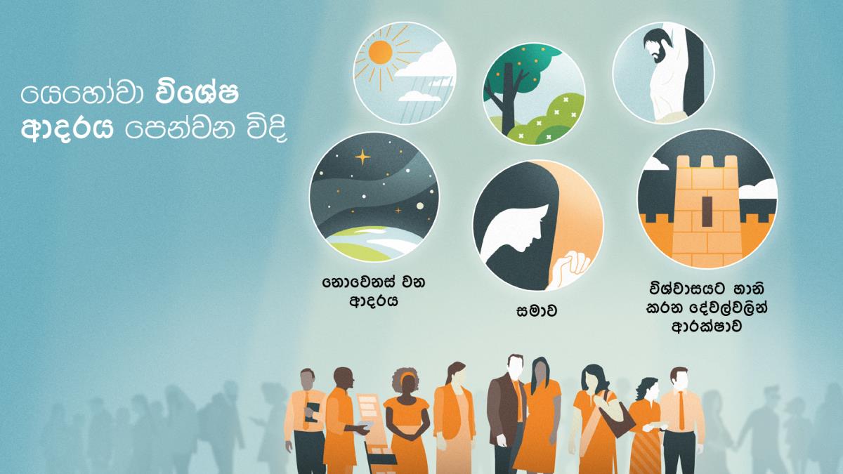 මිනිසුන් හැමෝම අතරින් යෙහෝවාට ඔහුගේ සෙනඟව විශේෂයි. ඔහු එයාලට විශේෂ ආදරයක් පෙන්නනවා. 1. තරුවලින් පිරුණු අහසින් පෙන්නන්නේ යෙහෝවාගේ ආදරය වෙනස් වෙන්නේ නැහැ කියලයි. 2. සහෝදරියක් යාච්ඤා කරන එකෙන් පෙන්නන්නේ දෙවියන් අපිට සමාව දෙනවා කියලයි. 3. ශක්තිමත් පවුරෙන් පෙන්නන්නේ අපේ විශ්වාසයට හානි කරන දේවලින් යෙහෝවා අපිව ආරක්ෂා කරනවා කියලයි. යෙහෝවා මිනිසුන් හැමෝටම ආදරේ කරන විදිහ පසුබිම් පින්තූරවලින් පේනවා. 4. අව්ව සහ වැස්ස. 5. ගස් කොළන් සහ මල්. 6. යේසුස්ගේ ජීවිත පූජාව.