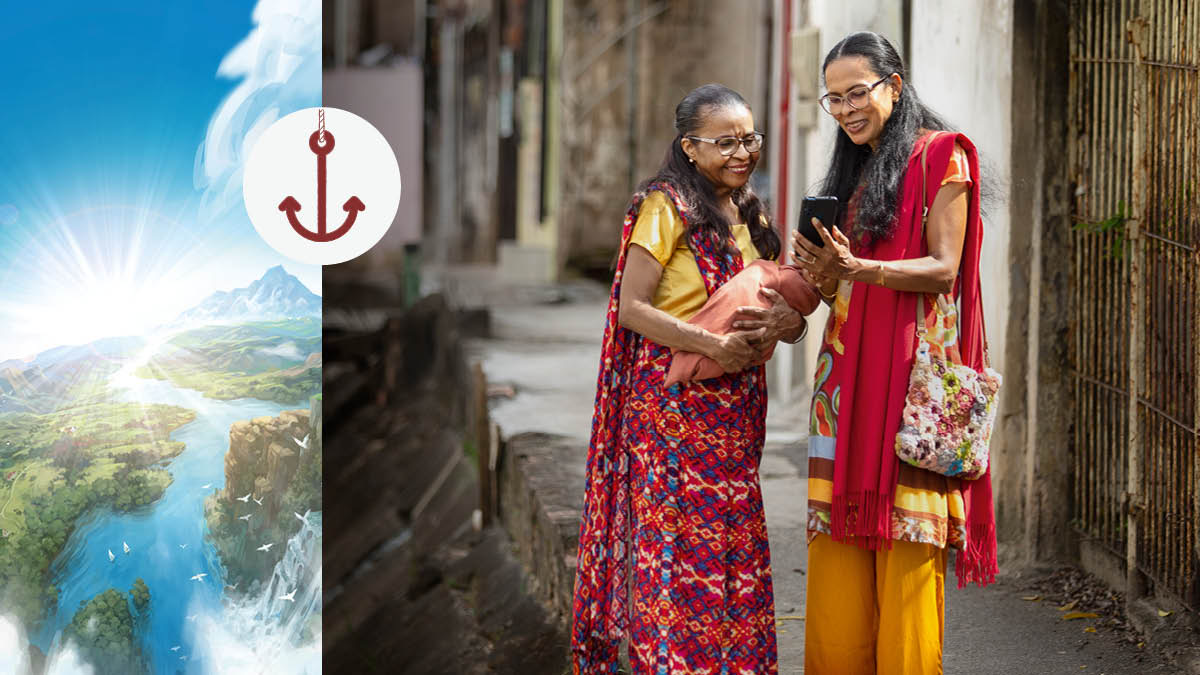 පින්තූරවල අදහස: නැංගුරමක්. 1. ගලාගෙන යන ගංගාවකින්, ලස්සන කඳුවැටිවලින් සහ නිල් තණබිම්වලින් පිරුණු පාරාදීසයක්. 2. සහෝදරියක් කාන්තාවකට සාක්ෂි දරනවා.