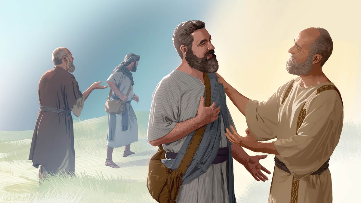 පින්තූරවල අදහස: 1. පාවුල් කතා කරද්දී මාක් එතනින් යන්න යනවා. 2. පස්සේ පාවුල් ආදරෙන් මාක්ට කතා කරනවා.