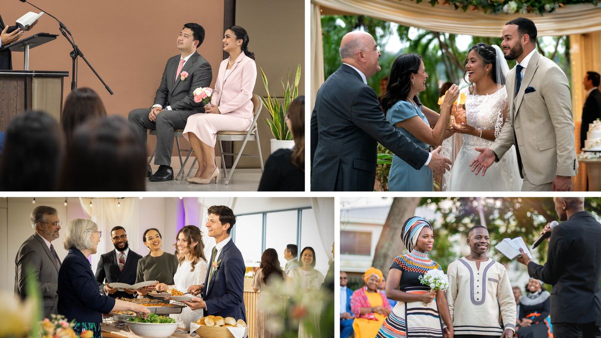 පින්තූරවල අදහස: ලෝකේ පුරා ඉන්න සහෝදර සහෝදරියන් විවාහ උත්සවවලදී සතුටු වෙන විදිහ. 1. නමස්කාර මධ්‍යස්ථානයේදී සහෝදරයෙක් විවාහ දේශනය දෙද්දී යුවළ ඉඳගෙන ඒක අහන් ඉන්නවා. 2. විවාහ සාදයකට ඇවිත් ඉන්න යුවළක් මනාල යුවළට සුභ පතනවා. ඒක තියෙන්නේ එළිමහනක. 3. මනාල යුවළ ඇවිත් ඉන්න අනිත් අයත් එක්ක කෑම බෙදාගන්නවා. 4. සහෝදරයෙක් එළිමහනක විවාහ දේශනය දෙද්දී මනාල යුවළ හිටගෙන ඒක අහන් ඉන්නවා.