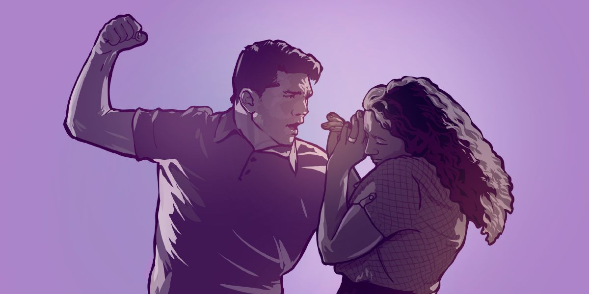 පිරිමියෙක් ගැහැණු කෙනෙකුට පහර දෙන්න අත ඔසවමින්