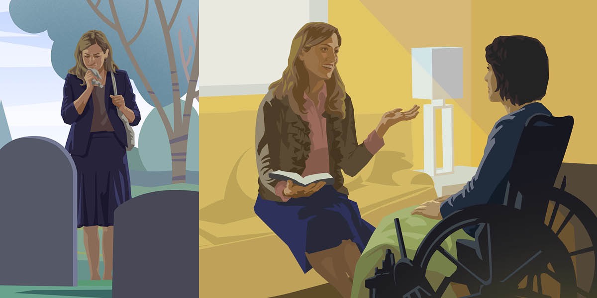 කනත්තක දුකින් ඉන්න කාන්තාවක්; රෝද පුටුවක ඉන්න කාන්තාවක් බයිබලයේ සඳහන් පණිවිඩයට සවන් දෙමින්