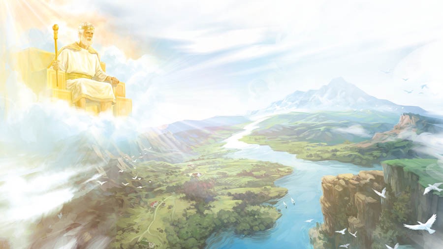 පාරාදීස පොළොවට ඉහළින් ස්වර්ගයේ සිංහාසනය මත ඉඳගෙන පාලනය කරමින් ඉන්න යේසුස්.