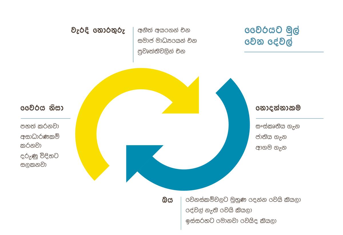 වෛරයට මුල් වෙන දේවල් පින්තූරේ තියෙන ඊතල දෙකෙන් පෙන්නනවා. 1. අනිත් අයගෙන් එන, සමාජ මාධ්‍යයෙන් එන, ප්‍රවෘත්තිවලින් එන වැරදි තොරතුරු. 2. සංස්කෘතිය ගැන, ආගම ගැන, ජාතිය ගැන නොදන්නාකම. 3. වෙනස්කම්වලට මුහුණ දෙන්න වෙයි කියලා, දේවල් නැති වෙයි කියලා, ඉස්සරහට මොනවා වෙයිද කියලා තියෙන බය. 4. වෛරය නිසා වපර ඇහෙන් බලනවා, අසාධාරණ විදිහට සලකනවා, දරුණු විදිහට සලකනවා.