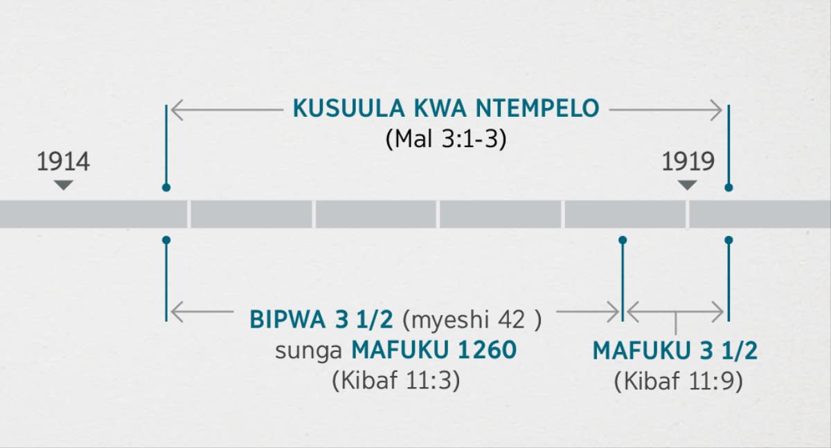 Kibafumbwilwe 11:1, 2 alesha kwipushena pabitale kutalula na kusula tempelo a mu kikudi abadi baleshe mu Malaki 3:1-3. Mulongo wa mafuku a butemuki aalesha: kusula kwa Ntempelo kubakitshikile pangi ku nfudiilo kwa kipwa kya 1914 mpa na pangi ku mbangilo kwa kipwa kya 1919; bipwa bisatu na kipindji sunga mafuku 1260 kubanga pangi mu 1914 mpa na pangi ku bangilo kwa 1918; mafuku asatu na kipindji pangi ku mbangilo kwa 1918 mpa na ku mbangilo pangi kwa 1919.