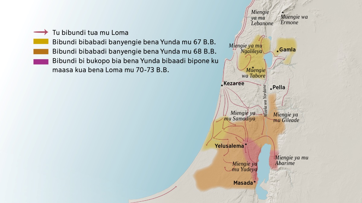 Karte akalesha ingi miengie na bibundi bia mu Isalele mu siekele a kumpala. Kuunundu kua Yelusalema kui miengie ya Lebanone, Ngalileya, Samadiya, na Gileade, mpa na Muengie wa Ermone na Muengie wa Tabore. Bibundi bia kunuundu kua Yelusalema mbino: Gamla, Kezaree, na Pella. Kuushi kua Yelusalema kui Miengie ya Yudeya na Abarime, na kibundi kia Masada. Karte akalesha dingi mashinda a tu bibundi tua bena Loma na bibundi bibabadi banyengie bena Yunda kui bena Loma kubanga mu 67 B.B. na ku 73 B.B.
