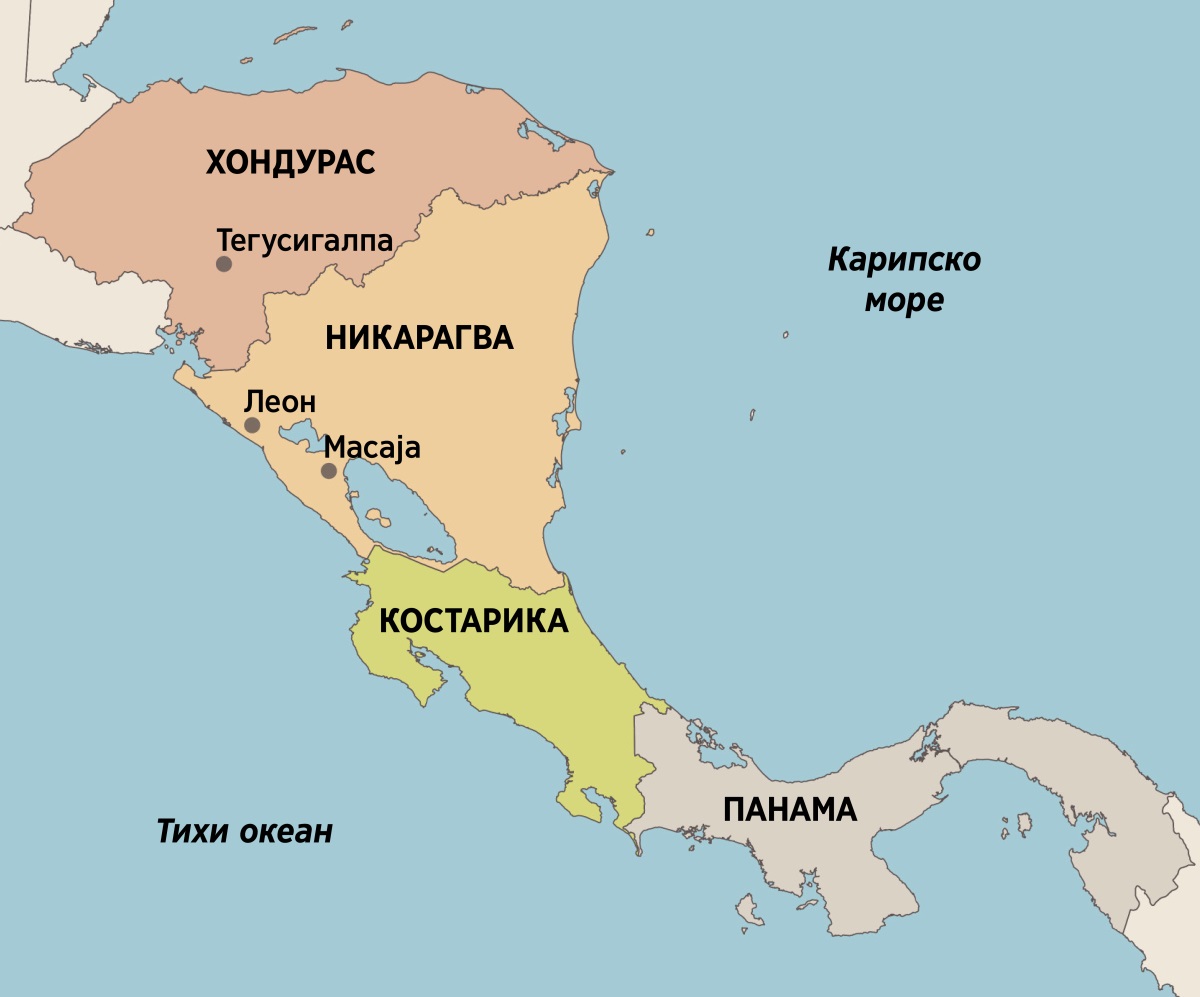 Мапа Средње Америке која показује где је све Елфрида живела и проповедала: Тегусигалпа, Хондурас; Леон и Масаја, Никарагва; Костарика и Панама.