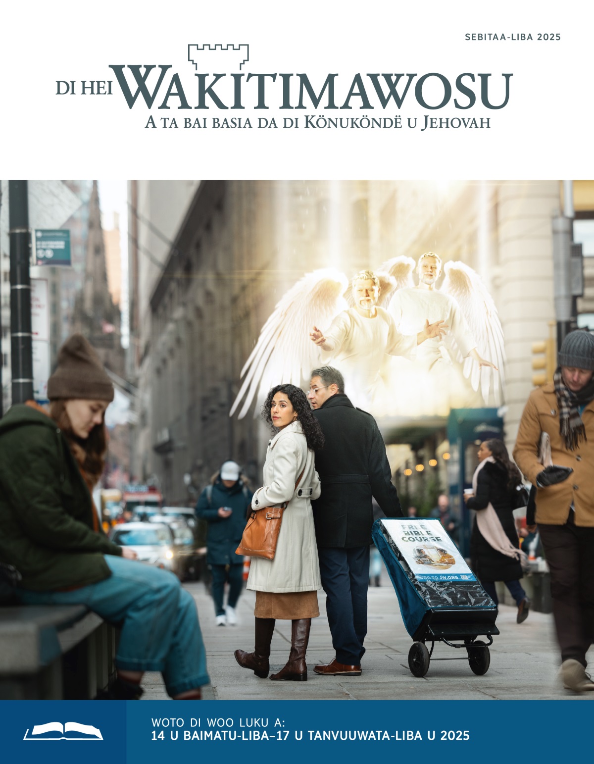 Wan baaa ku hën mujëë dë a wan foto ganda ta waka ku wan buku wagi. Tu ëngëli dë ta luku de, nöö de ta tii di sisa faa si wan mujëë di dë ku bookohedi, di dë sindosindo a wan bangi liba.