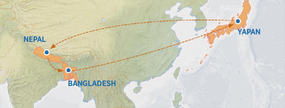 Wan karta di e sori fa yu kan komoto fu Yapan go Nepal nanga Bangladesh èn fa yu kan drai go baka na Yapan