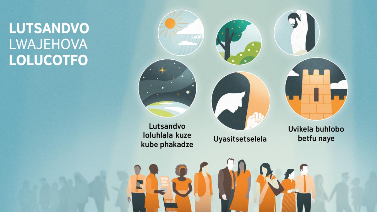 Tinceku taJehova tisemkhatsini webantfu labasemhlabeni. Sitfombe: Tindlela Jehova lasikhombisa ngato lutsandvo lolucotfo. 1. Lutsandvo loluhlala kuze kube phakadze, lukhonjiswa ngetinkhanyeti letisesibhakabhakeni. 2. Kutsetselelwa, lokukhonjiswa ngudzadze lothantazako. 3. Uvikela buhlobo betfu naye, lokukhonjiswa ngelubondza loluvikela lidolobha. Titfombe letingetulu tiveta indlela Jehova lalukhombisa ngayo lutsandvo kubo bonkhe bantfu. 4. Lilanga nemvula. 5. Timbali, titjalo netihlahla. 6. Inhlawulo.