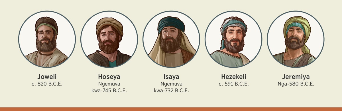 Sitfombe: Baphrofethi labatfunyelwa nguJehova kuze bekhute bantfu bakhe labangalaleli. 1. Joweli: cishe nga-820 B.C.E. 2. Hoseya: ngemuva kwa-745 B.C.E. 3. Isaya: ngemuva kwa-732 B.C.E. 4. Hezekeli: cishe nga-591 B.C.E. 5. Jeremiya: nga-580 B.C.E.