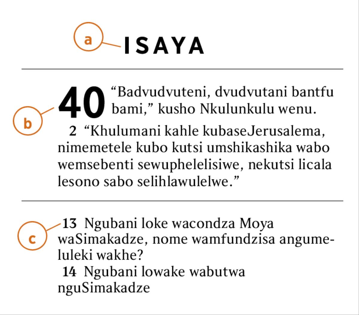 Kukhonjiswe umbhalo weliBhayibheli kute ukhone kutfola a) incwadzi yeliBhayibheli, b) sehluko, c) livesi