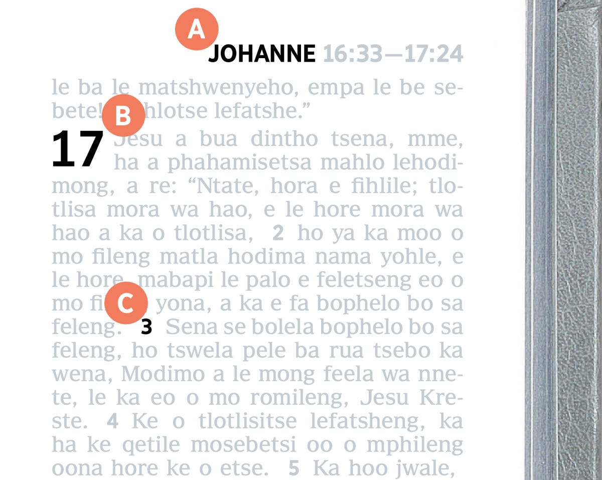 Matshwao a bontshang karolo ya A, B le C leqepheng la Bibele.